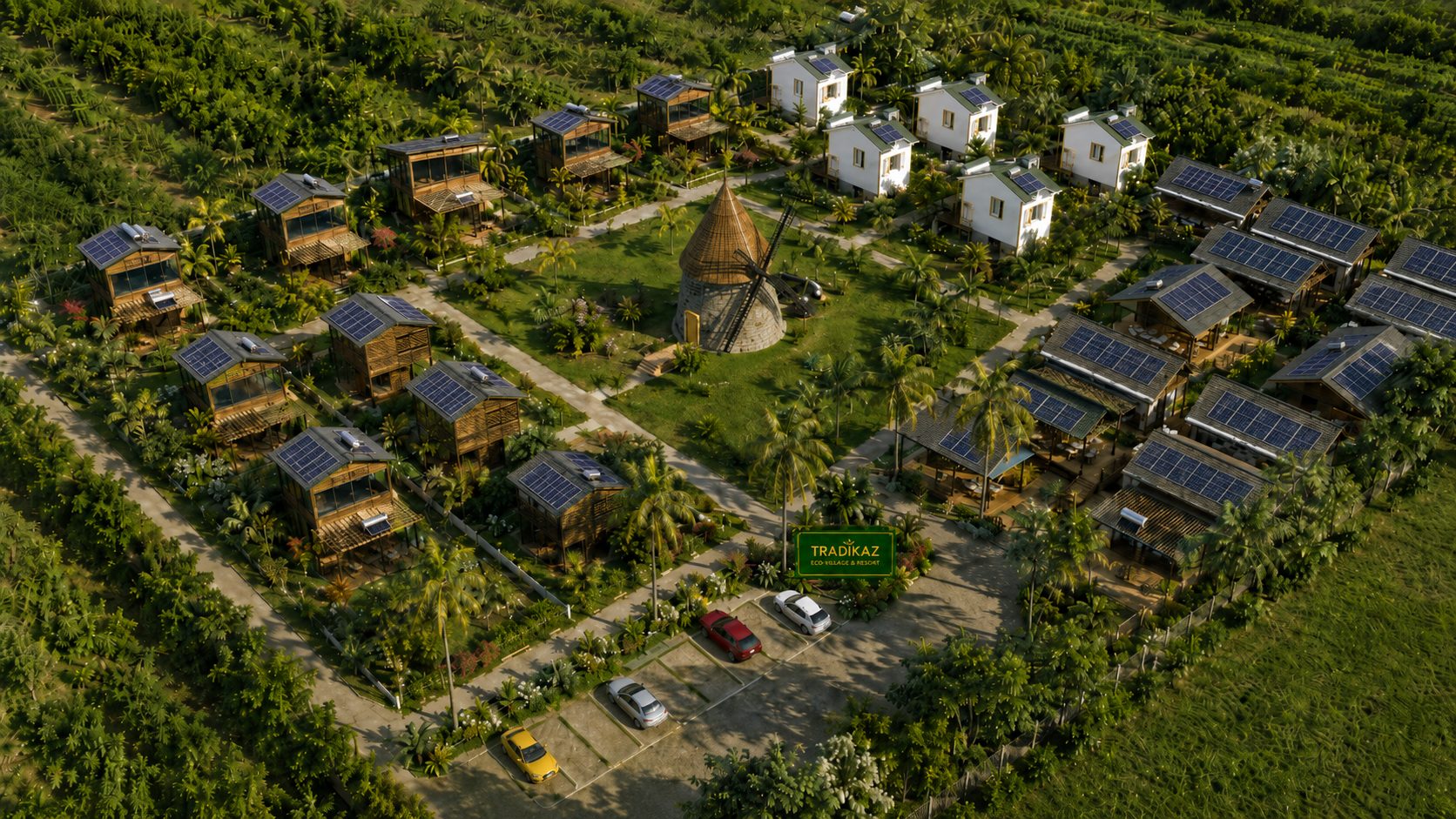 Vue aérienne du Village TRADIKAZ Oasis du Nord, en Grande-Terre (Guadeloupe)