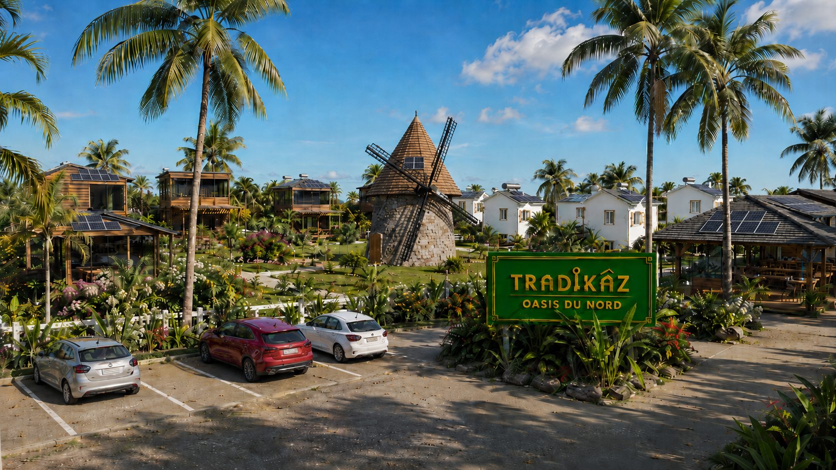 Village TRADIKAZ « Oasis du Nord » — vue au sol : moulin, kaz créoles et cœur paysager